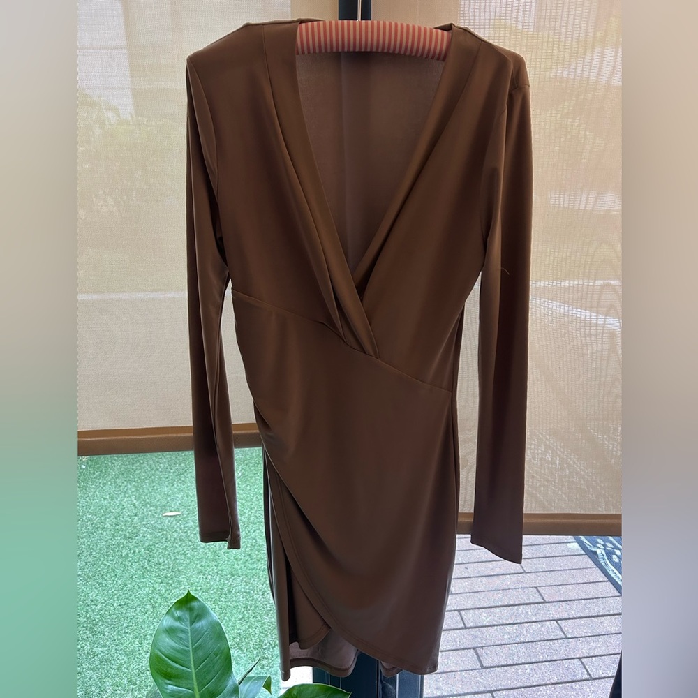 Brown Long Sleeve Wrap Dress | Deep V Neck Bodycon Mini